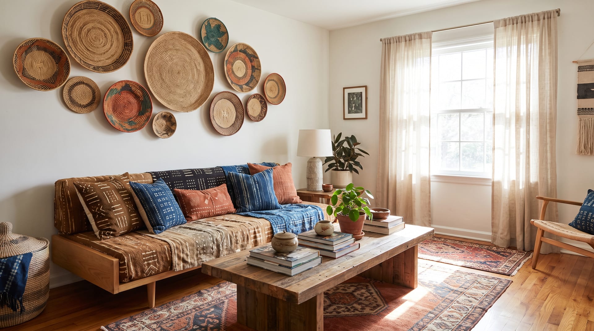 Afrohemian living room with woven wall baskets, layered textiles, earthy tones and natural wood furniture