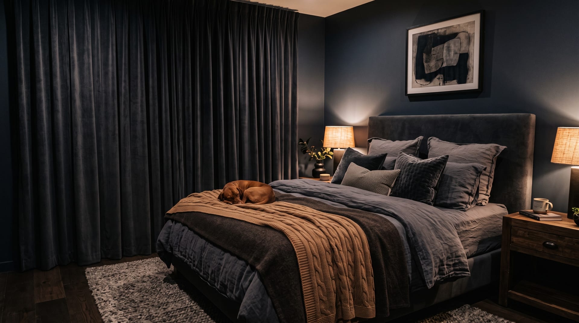 Dark, cozy bedroom with floor-to-ceiling blackout curtains in deep charcoal, warm lamp light, layered bedding