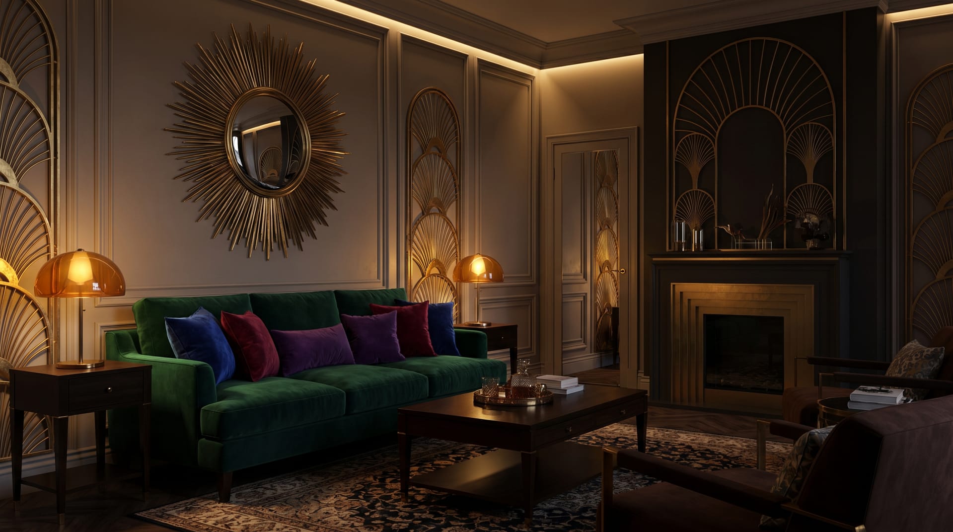 Neo Deco living room - geometric brass mirror, jewel-tone velvet sofa, fan arch details, warm moody lighting