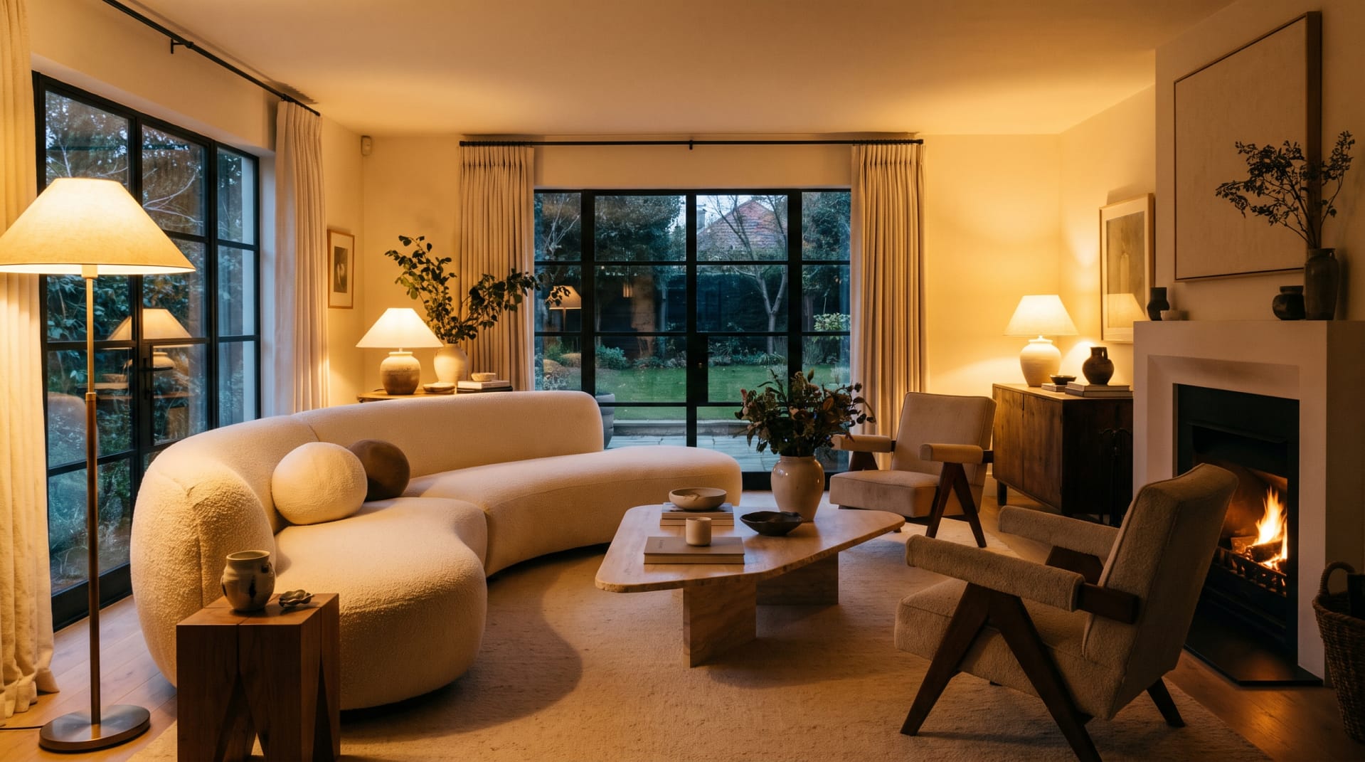 Styled living room with a curved sofa, coffee table and warm lighting - editorial interior photography