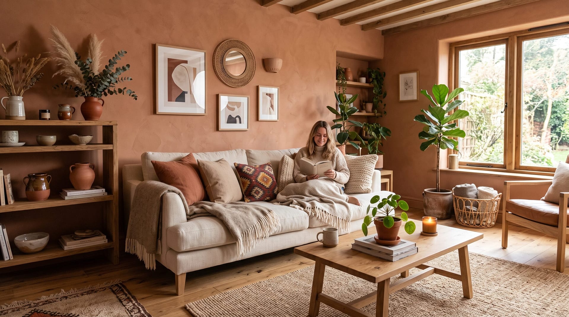 Warm earthy living room - terracotta walls, cream sofa, natural wood tones, layered textiles