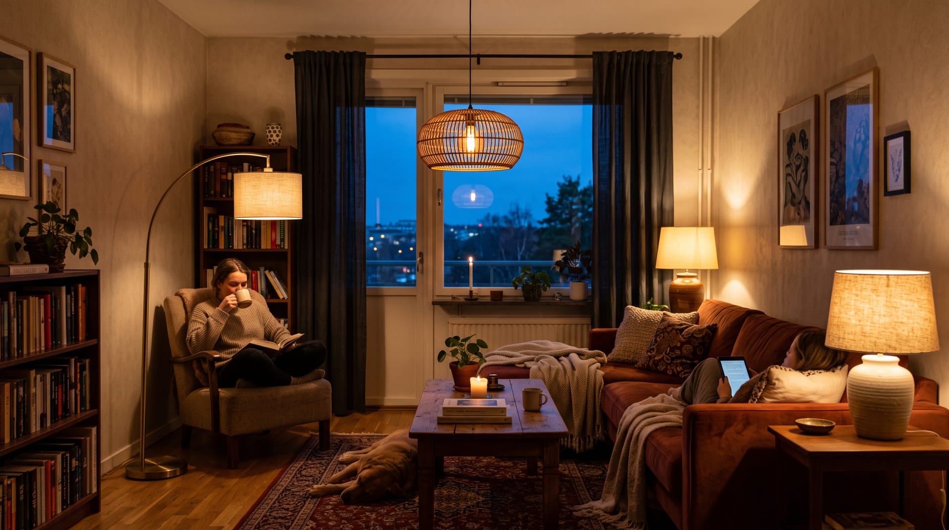 Warm layered living room lighting - floor lamp, table lamp and pendant all on together at dusk, cozy atmosphere