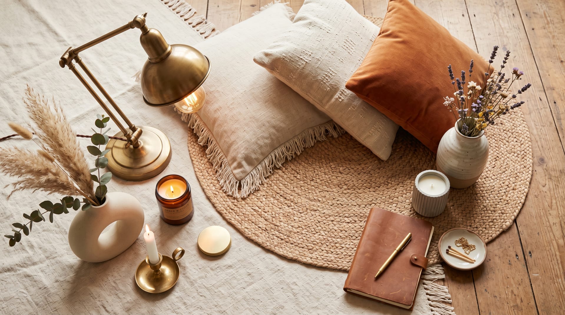 Beautifully curated home decor flat lay - cushions, candles, vases, a jute rug and a brass lamp arranged on a warm neutral surface