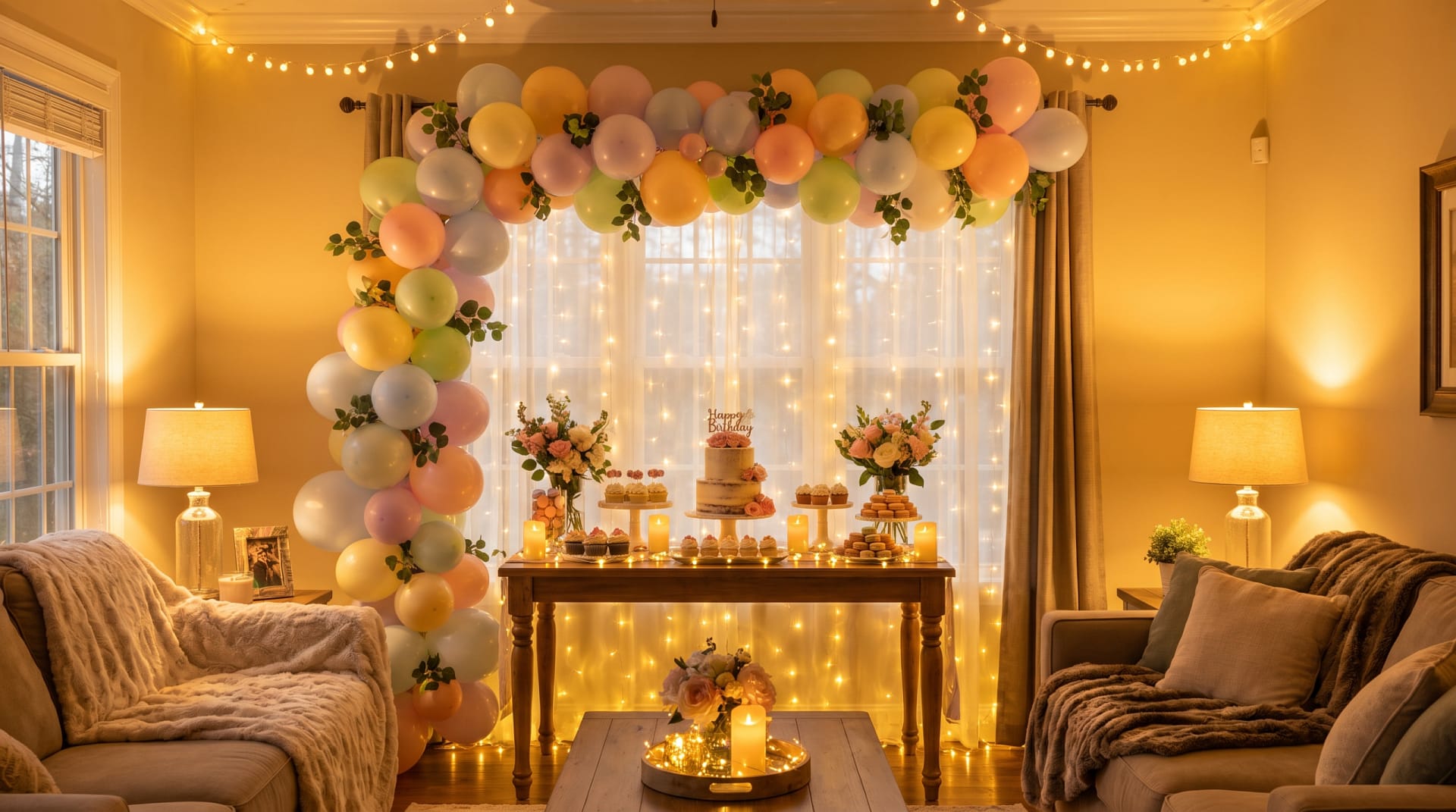 Beautifully decorated living room for a birthday - balloon arch, string lights, a styled dessert table and warm ambient lighting