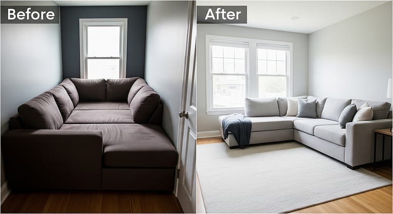 Before and after of a small living room with a dark sectional replaced by a light grey sectional