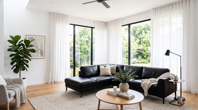 Black sofa in a bright white living room with large windows and sheer curtains
