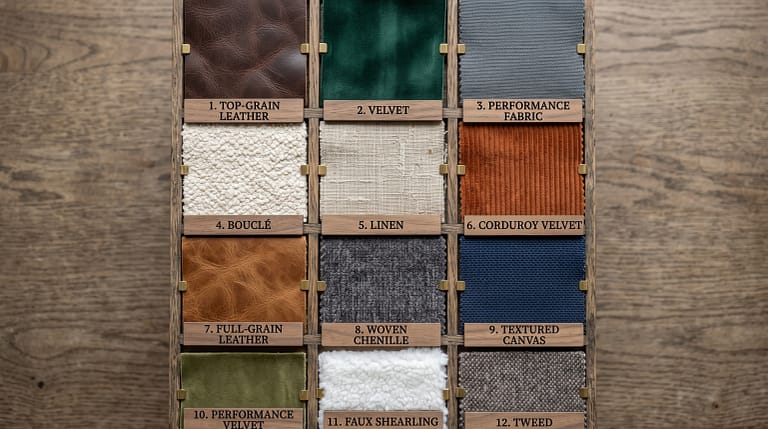 Close-up grid of sofa fabric swatches - leather, velvet, performance fabric, bouclé, linen