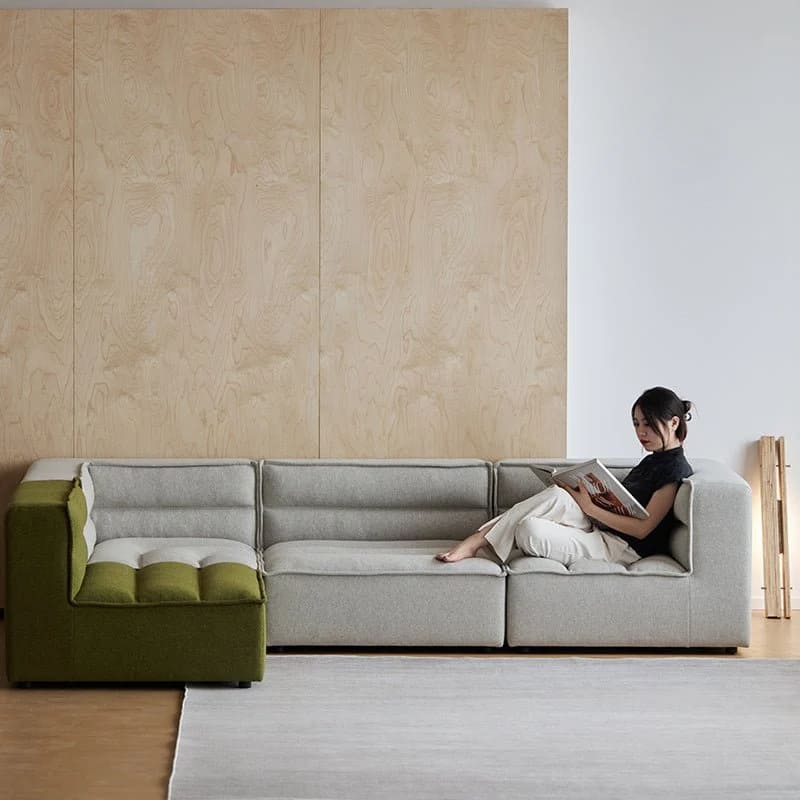 Mutukispace Wabi-Sabi Style Fabric Modular Sofa in grey, modular configuration with clean lines and minimalist Japandi aesthetic
