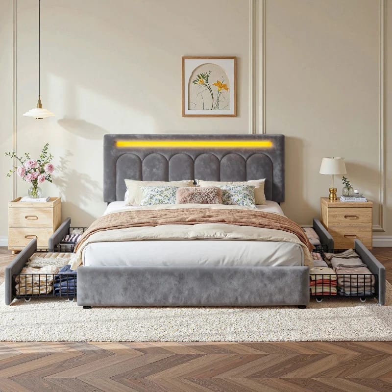 Reibii Queen Bed Frame with integrated LED lighting and velvet upholstered adjustable headboard in beige, modern bedroom styling with warm ambient glow