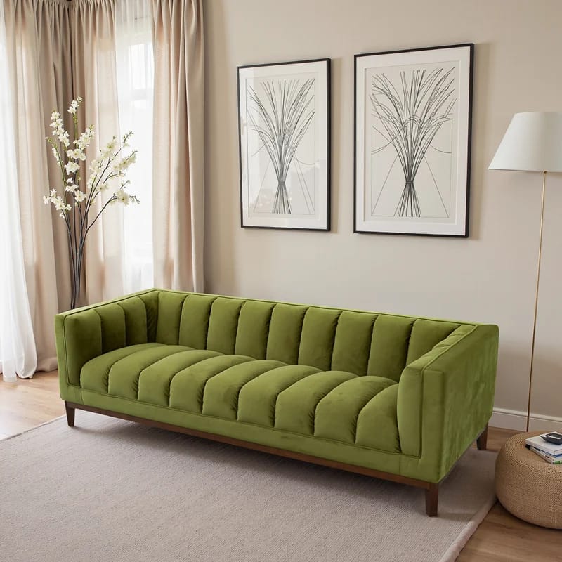 Jersey Mid-Century Modern Olive Green Velvet Sofa - channel tufting, 100% polyester performance velvet, walnut-finished solid wood legs, 90.6 inches wide